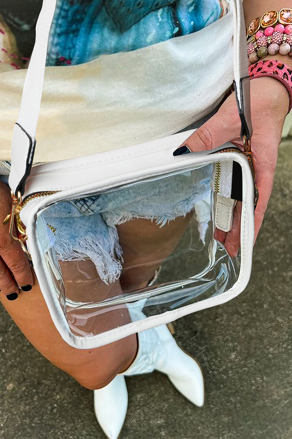 White Clear Leather Strap Crossbody Bag