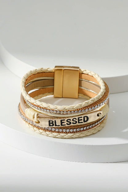 Beige BLESSED Rhinestone Braided Detail Buckle Bracelet