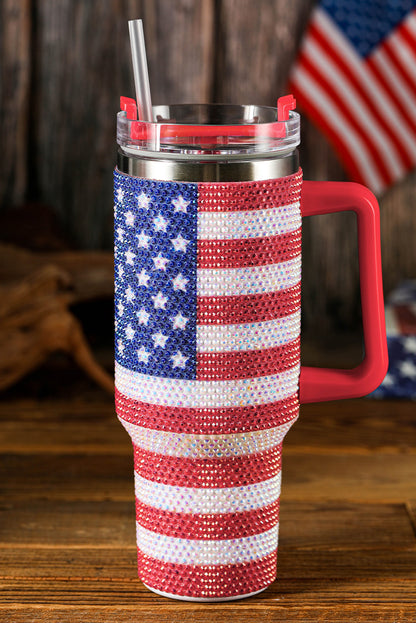 Red Rhinestone American Flag Print Handled 40oz Thermos Tumbler